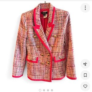 Halogen Pink Tweed Double-Breasted Blazer with Gold Buttons